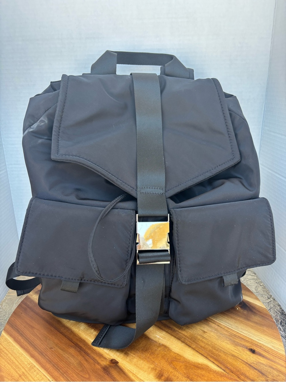 Black Women's Nylon Backpack with Front Buckle